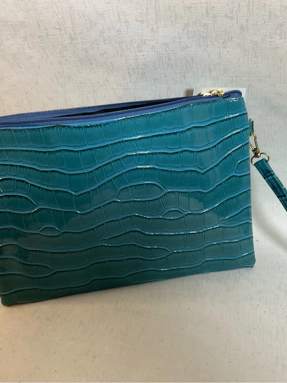Croc-Embossed Teal Wristlet Clutch
